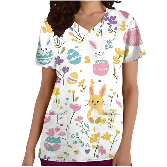 Idoravan Women's V Neck Printed Scrub Top with 2 Pockets Easter Scrub Tops Women V-Neck Short Sleeve Cute Bunny and Eggs Printed Nurse Working Uniforms with 2 Pockets Scrubs for Women Tops