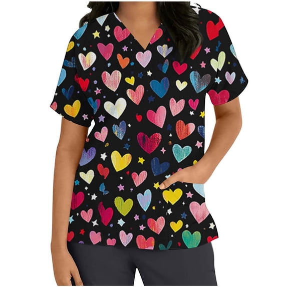 Idoravan Women's V Neck Printed Scrub Top with 2 Pockets Ladies' Plaid Printed Heart Shaped Printed V-Neck Short Sleeved Pocket Protective Clothing Top Short Sleeved Top Scrub Uniforms for Women