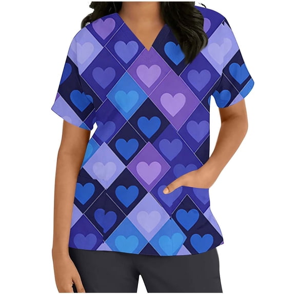 Idoravan Women's V Neck Printed Scrub Top with 2 Pockets Ladies' Plaid Printed Heart Shaped Printed V-Neck Short Sleeved Pocket Protective Clothing Top Short Sleeved Top Scrub Uniforms for Women