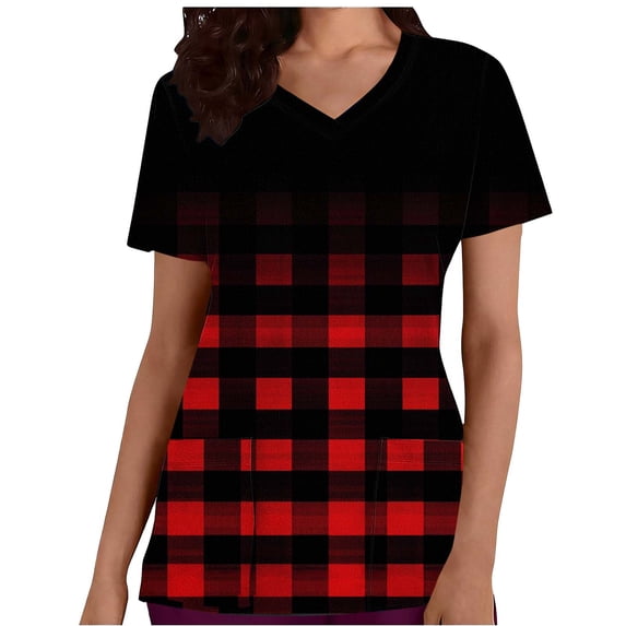 Idoravan Women's V Neck Printed Scrub Top with 2 Pockets Women's Scrub Tops Women's Fashion Casual V-Neck Plaid Print Short-Sleeved Pocket Nurse Uniform