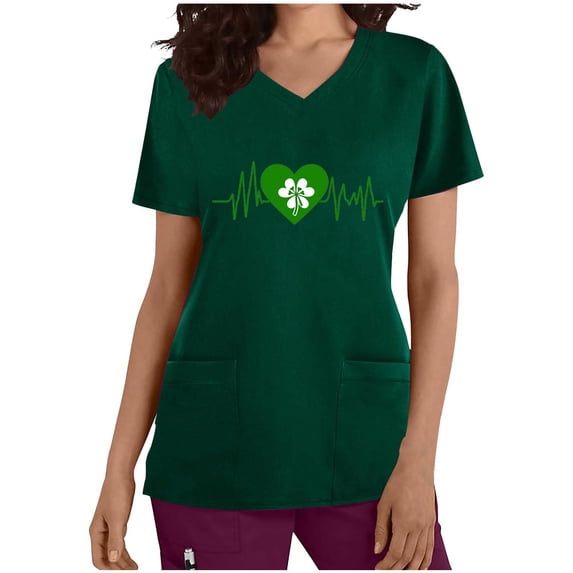 Idoravan Women's V Neck Printed Scrub Top with 2 Pockets Women Fashion Casual Loose Printed Pocket Short Sleeve V-Neck Nursing Uniform Top