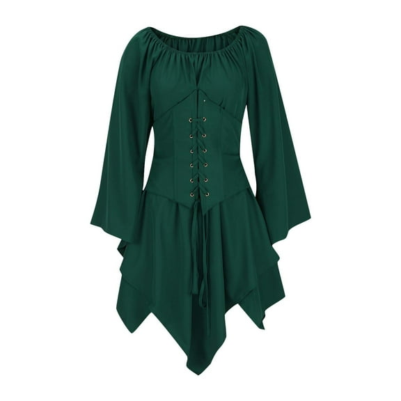 Idoravan Women's dresses with bat wing sleeves Women Costumes Gothic Retro Long Sleeve Corset Dresses Long Sleeve Round-Neck Knee-High Dress M