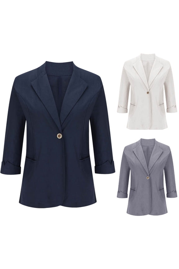 Womens 3/4 Sleeve Blazers Lightweight Fashion Women Comfortable Casual Button Pocket Turndown Collar 3/4 Sleeve Solid Color Blouse Top T-Shirt Blaze