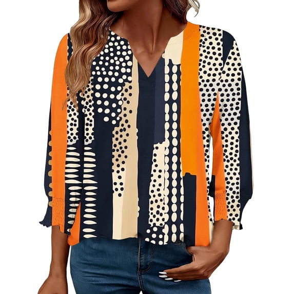 Idoravan Womens 3/4 Sleeve Tops Dressy Casual Summer Shirts Womens Casual Printed 3/4 Length Sleeve Smocked Cuffs