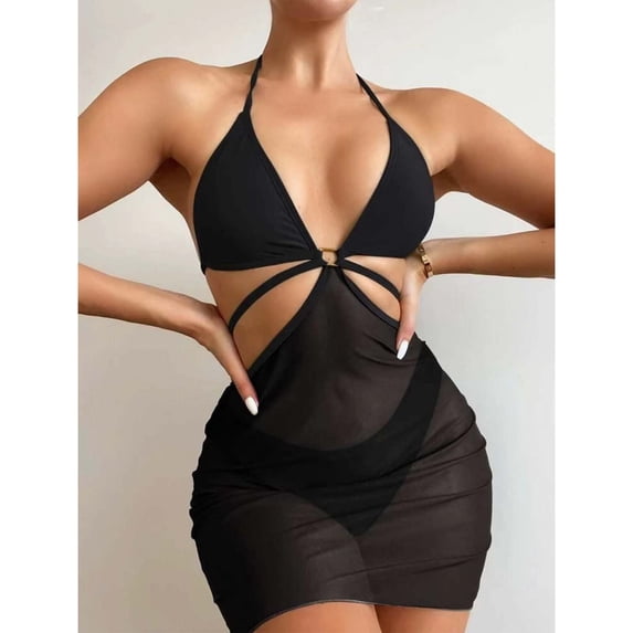 Idoravan Womens Bikini Sets Ladies Cross Sling High Waist Shorts Costume 3-piece Swimsuit Split
