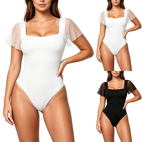 Idoravan Womens Bodysuits Fitted Summer Mesh Short Sleeved Jumpsuit with Inner Lining