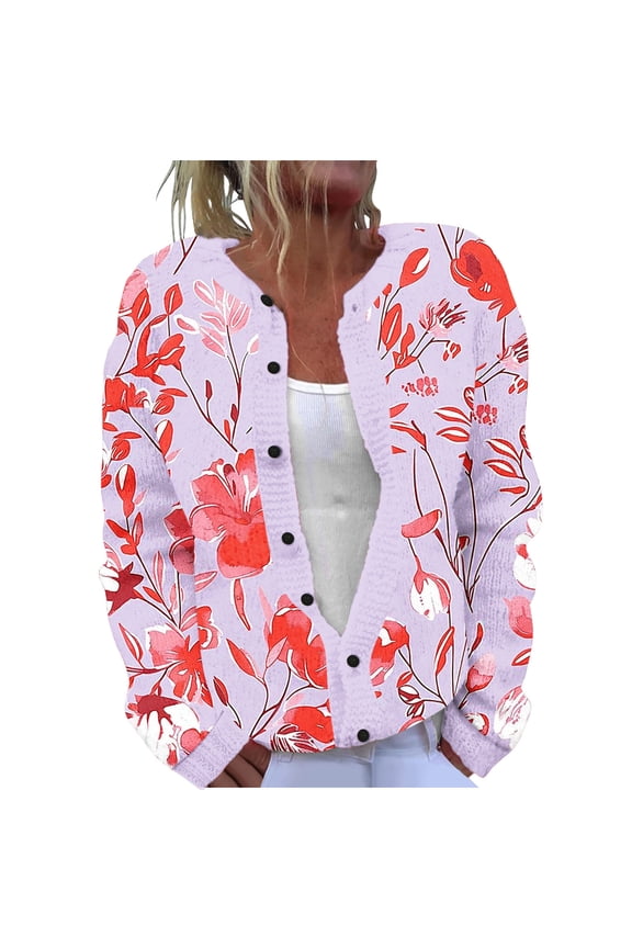 Womens Button-Front Cardigan Sweaters Pattern Print Ladies' Casual Floral Printed Knitted Cardigan With Button Up Jacket And Top Multicolor M