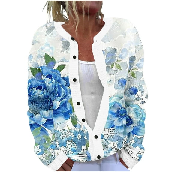 Idoravan Womens Button-Front Cardigan Sweaters Pattern Print Ladies' Casual Floral Printed Knitted Cardigan With Button Up Jacket And Top Multicolor M