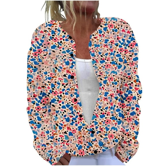 Idoravan Womens Button-Front Cardigan Sweaters Pattern Print Women's Casual Printed Knitted Cardigan Button Coat Rose Gold M