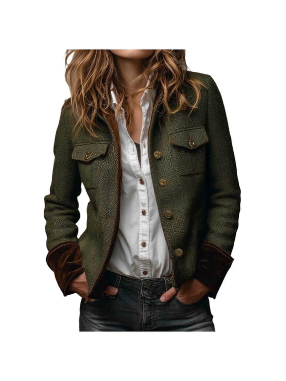 Womens Button Up Jackets with Pocket Casual Women's Solid Color Pocket Button Stand Up Collar Long Sleeve Hoodless Casual Fashionable Outwear Jacket