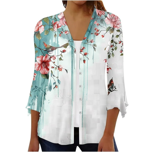 Idoravan Womens Cardigans under $15.00 Women's Button Cardigan Printed Jacket 3/4 Sleeve-neck Printed Cardigan Jacket Casual Cardigan Jacket