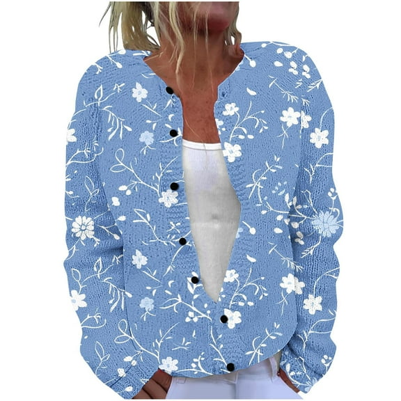 Idoravan Womens Cardigans Dressy Casual with Buttons Ladies' Casual Printed Knitted Cardigan With Button Up Jacket And Top Light Blue XXL