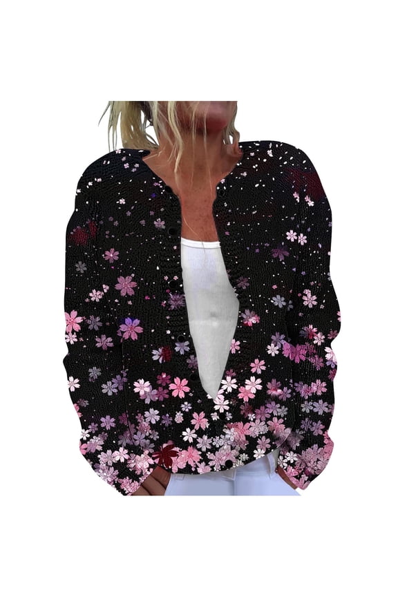 Womens Cardigans Dressy Casual with Buttons Women's Casual Printed Knitted Cardigan Button Coat Black XXL