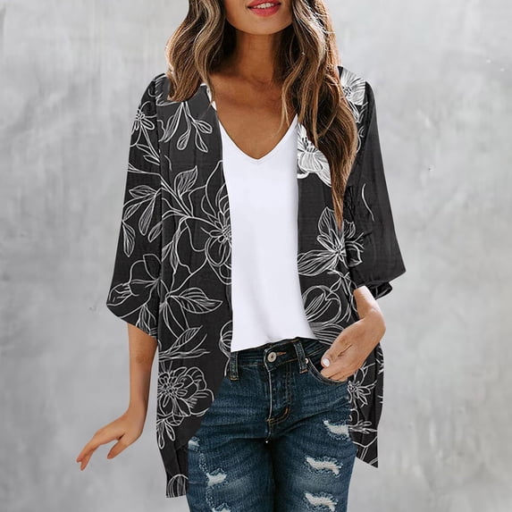 Idoravan Womens Cardigans Lightweight Summer Women's Cardigan Casual Leaf Print Overcoat Spring Summer Flower Printed Top