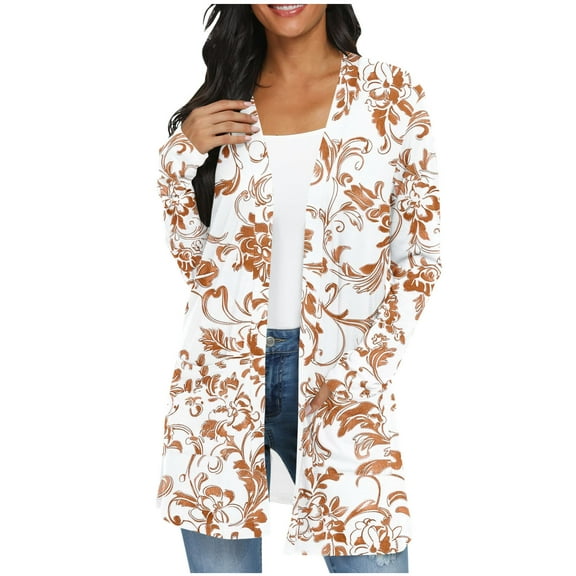 Idoravan Womens Cardigans Plus Size Spring Women's Jacket Daily Holiday Workout Crop Cardigan Open Frant Coat Casual Long Sleeve Floral Print Top Beige XXL