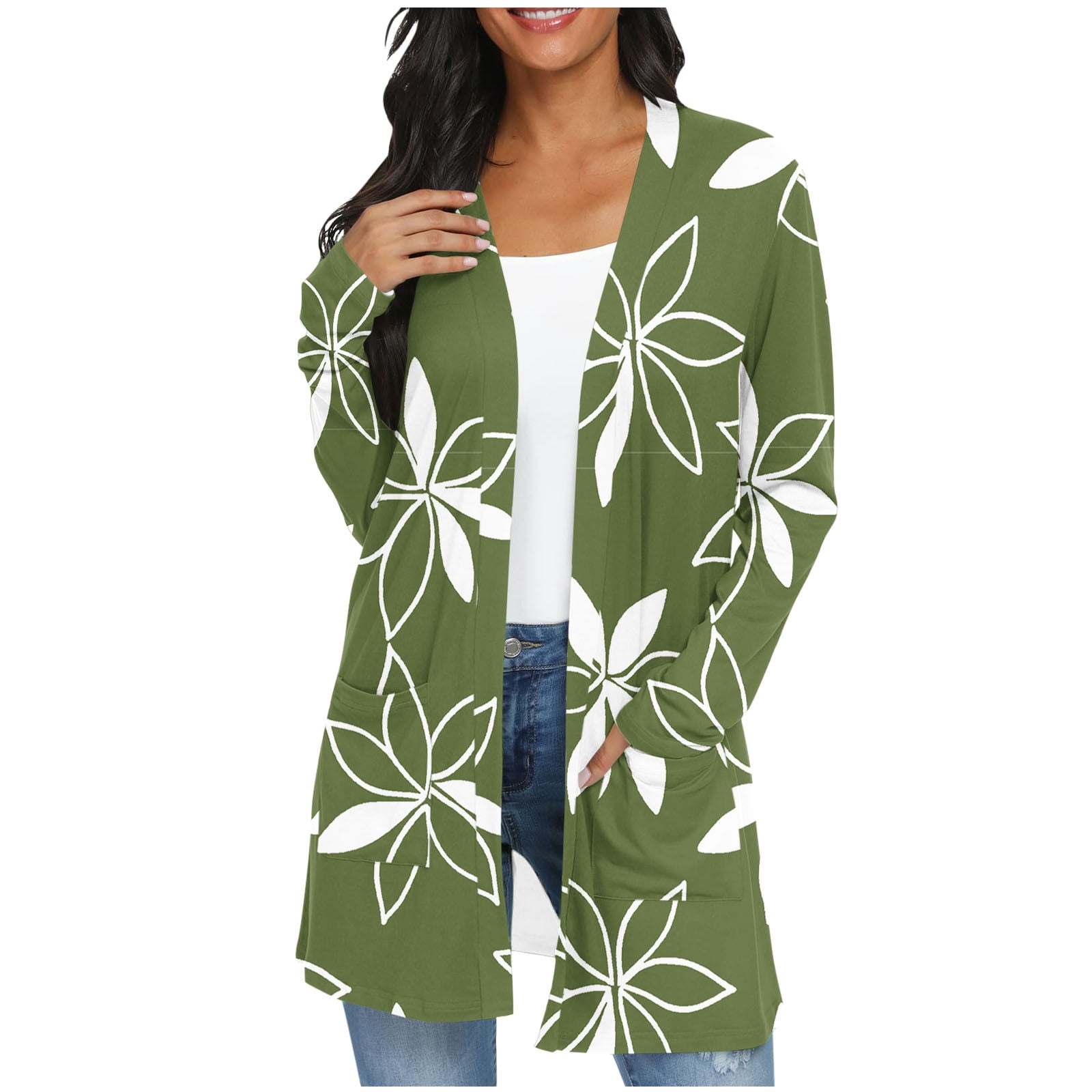Cardigan Femme V-neck Court – Vert Sauge, Manches Longues, Ouvert Devant, Avec Poches, Léger, Doux, Lin Mélangé, Pour Mi-saisons