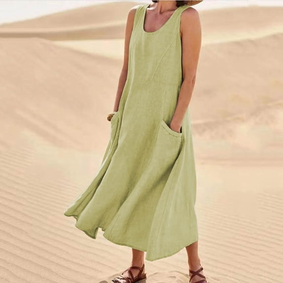 Idoravan Womens Casual Dresses Women's Summer Fashion Casual Solid Color Sleeveless Cotton Linen Long Dress
