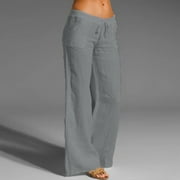 Idoravan Womens Casual Pants Women Casual Solid Cotton Linen Elastic Waist Drawstring Long Wide Leg Pants