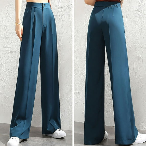 Idoravan Womens Casual Pants Clearance Women's Fashion Casual Full-Length Loose Pants Solid High Waist Trousers Long Straight Wide Leg Pants