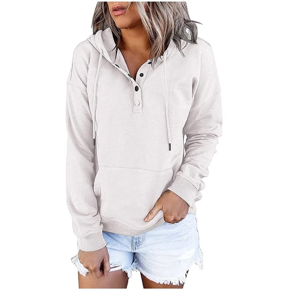 Idoravan Womens Casual Tops Women's Hooded Solid Color Long-sleeved Sweatshirt Casual Blouse Pullover Tops
