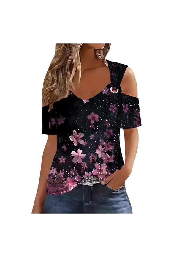 Womens Clothes under $8 Women's New Short-sleeved-the-shoulder Cutout Casual Printed Top