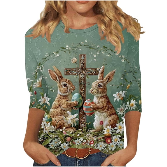 Idoravan Womens Clothes under $8 Womens 3/4 Sleeve Tops Women's New Easter Round Neck Pullover 3/4 Sleeve Casual Printed Top