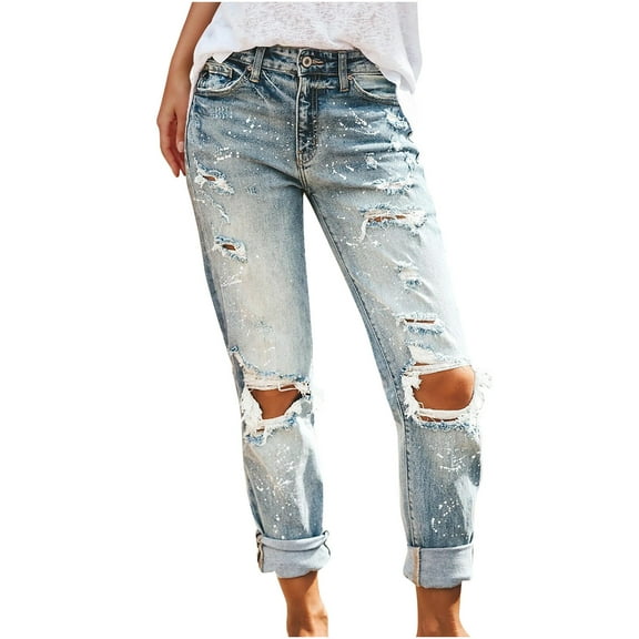 Idoravan Womens Denim Skinny Jeans Clearance Fashion Women Pockets Button Mid Waist Skinny Ripped Jeans Trousers Hole Pants