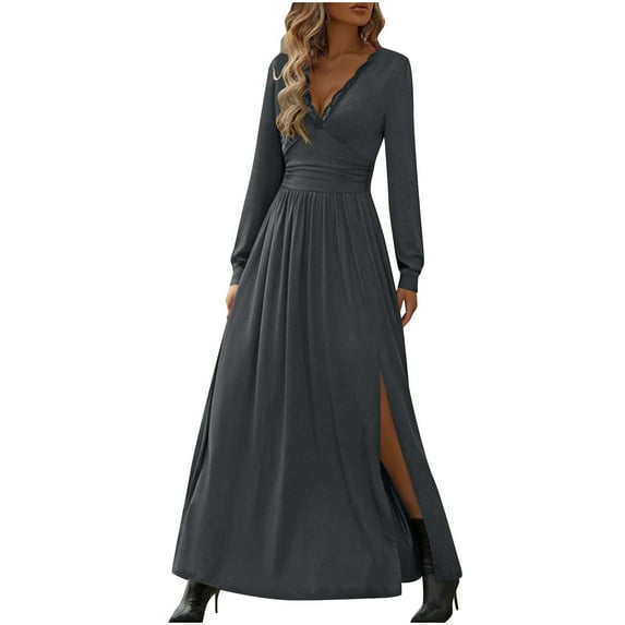 Idoravan Womens Dresses Elegant Womens Dresses Long Sleeve Ladies' Fall Solid Color Slit Slim Dress Dark Gray XL