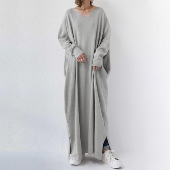 Idoravan Womens Dresses Long Sleeve Women's Plus Size Casual Dress Solid Color V Neck Long Sleeve Winter Fall Basic Casual Maxi Long Dress Daily Vacation Dress