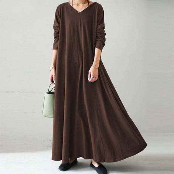 Idoravan Womens Dresses Long Sleeve Women's Plus Size Casual Dress Solid Color V Neck Long Sleeve Winter Fall Basic Casual Maxi Long Dress Daily Vacation Dress