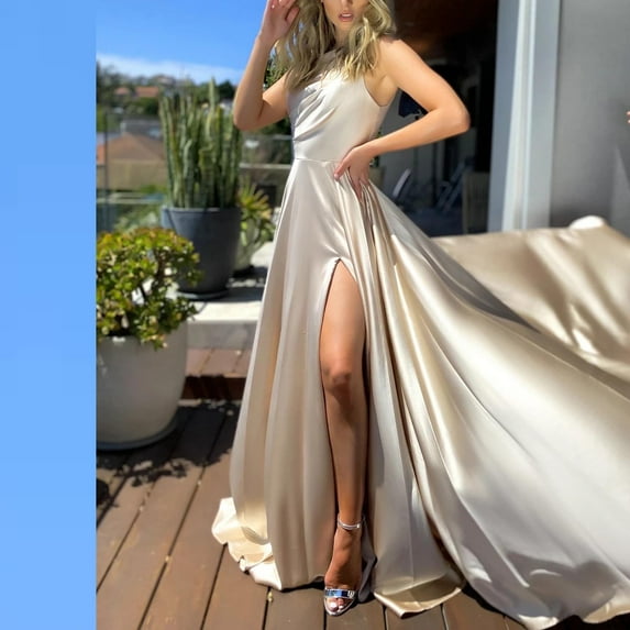 Idoravan Womens Evening Dresses Women's Elegant Sexy Casual Slanted Shoulder Slim Dress Big Swing Solid Color Skirt Dress