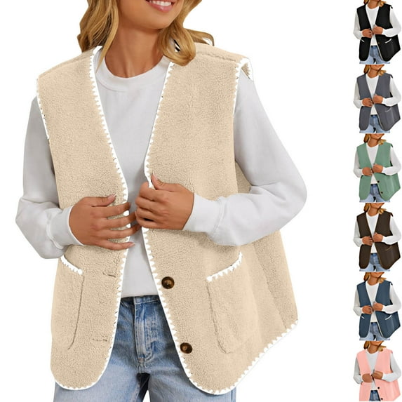 Idoravan Womens Fleece Vest Coats Women Pocket Coat Short Jacket Winter Sleeveless Fleece Button Solid Outerwear Blue M