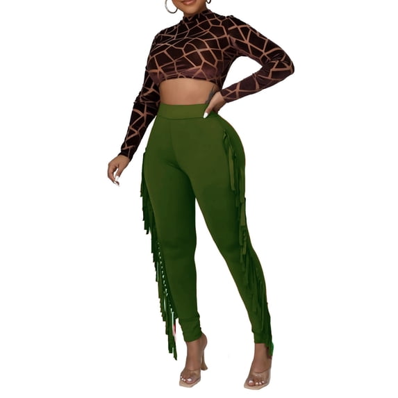 Idoravan Womens High Waist Yoga Leggings Workout Athletic Solid Color Knitted Tassel Pants
