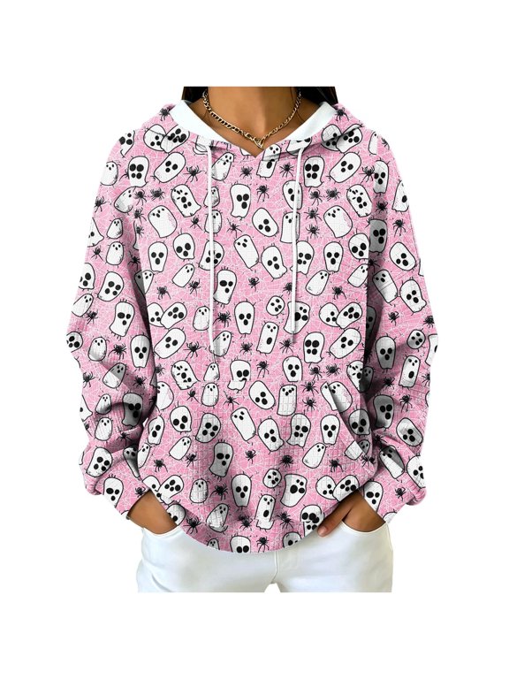 Womens Hoodies Pullover Graphic Women's Long-Sleeve Hooded Halloween Allover-Print Top Ghost Sweatshirts Fall Pullover Top Womens Hoodie