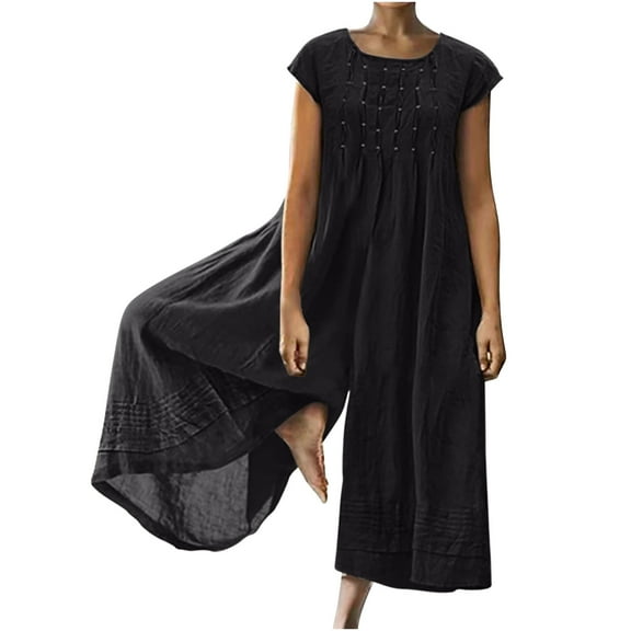 Idoravan Womens Jumpsuits and Rompers Summer Women Casual Solid Cotton Linen Romper Long Playsuit Zipper Short Sleeve Jumpsuit