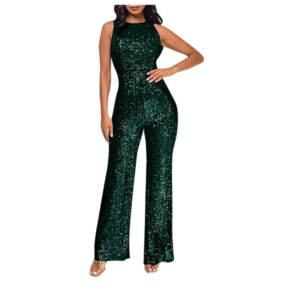 Idoravan Womens Jumpsuits and Rompers Summer Women'S Solid Color High-Waisted Sleeveless Round Neck Off-The-Shoulder Sequin Slim Long Sequin Romper