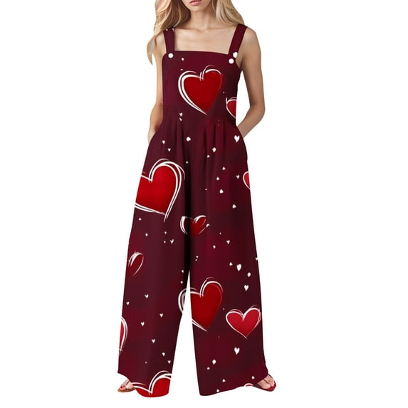 Idoravan Womens Jumpsuits and Rompers Summer Women's Printed Jumpsuit Casual Button Pocket Sleeveless Wide Leg Trousers