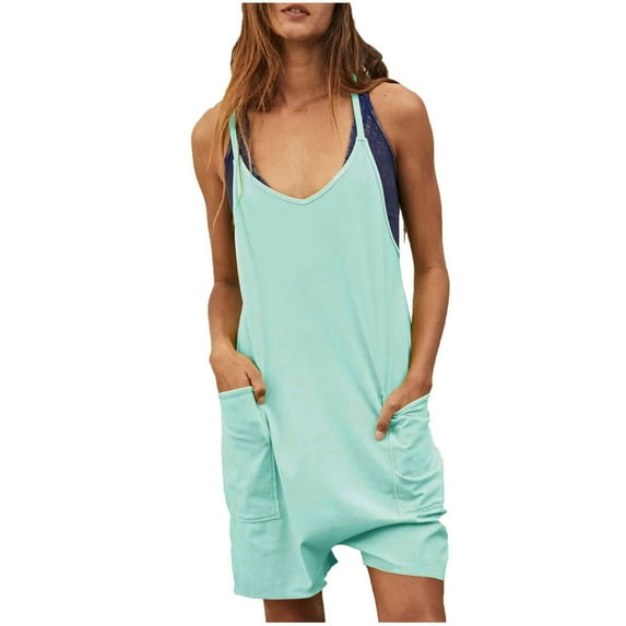Idoravan Womens Jumpsuits and Rompers Summer Women's Solid Neck Sleeveless Casual Short Jumpsuit Rompers With Pockets