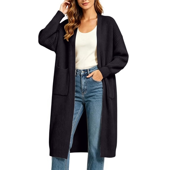 Idoravan Womens Knit Cardigan Womens Long Cardigan with Pockets Women'S Solid Color Long-Sleeve Pocket Cardigan Sweater