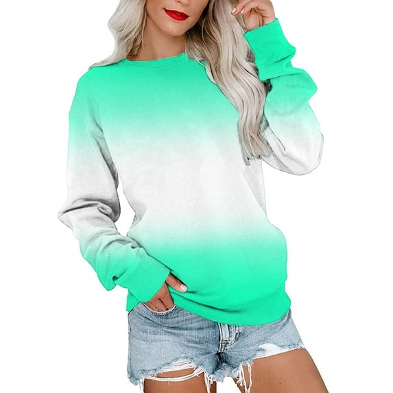 Idoravan Womens Long Sleeve Casual Tops Gradient Printed Round Neck Blouse Pullover