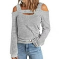 thumbnail image 1 of Idoravan Womens Long Sleeve Casual Tops Leaky Shoulder Round Neck Hedging Tops, 1 of 5