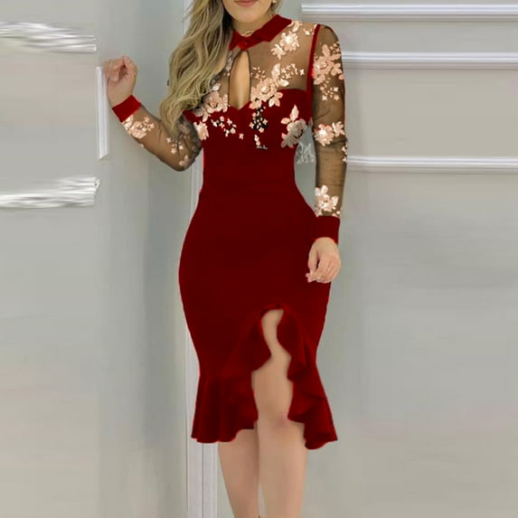 Idoravan Womens Long Sleeve Evening Dress Women Sexy Slit Ruffles Hem Floral Pattern Slimming Long Sleeve Lace Mesh Dress