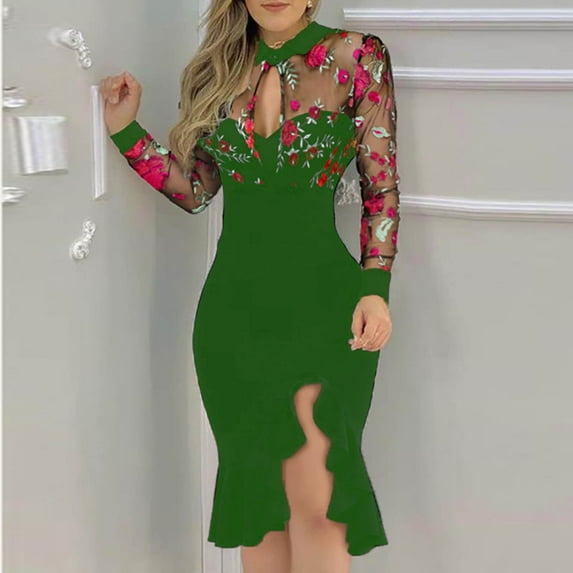 Idoravan Womens Long Sleeve Evening Dress Women Sexy Slit Ruffles Hem Floral Pattern Slimming Long Sleeve Lace Mesh Dress