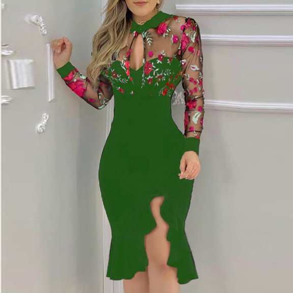 Idoravan Womens Long Sleeve Evening Dress Women Sexy Slit Ruffles Hem Floral Pattern Slimming Long Sleeve Lace Mesh Dress