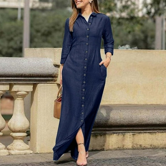 Idoravan Womens Long Sleeve Long Dress Women's Fashion Turndown Collar Loose And Comfortable Long Sleeve Long Dress