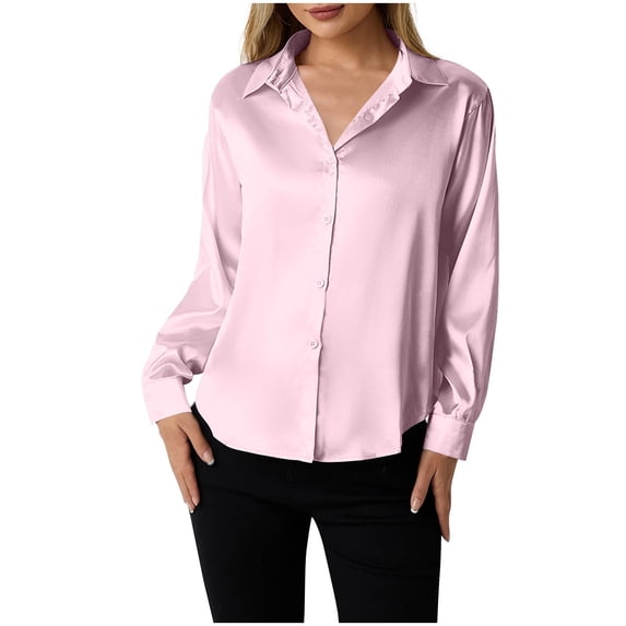 Idoravan Womens Long Sleeve Shirts Button up Women's Casual Solid Color Comfortable Long Sleeved Button up Top Silk Blouse