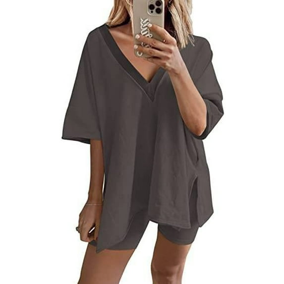 Idoravan Womens Lounge Sets Clearance Fashion Women Casual Solid Short Sleeve V-Neck Loose Tops Nightwear Shorts Sleepwear Sets