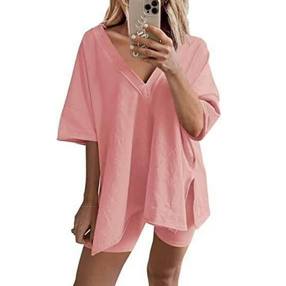 Idoravan Womens Lounge Sets Clearance Fashion Women Casual Solid Short Sleeve V-Neck Loose Tops Nightwear Shorts Sleepwear Sets