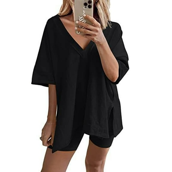 Idoravan Womens Lounge Sets Clearance Fashion Women Casual Solid Short Sleeve V-Neck Loose Tops Nightwear Shorts Sleepwear Sets