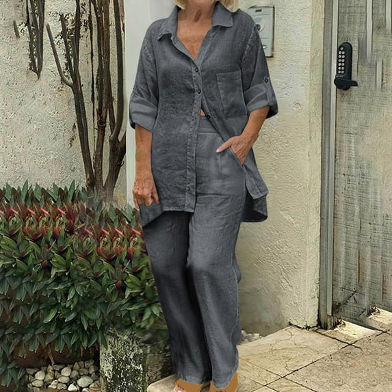 Idoravan Womens Lounge Sets Clearance Women's Summer Suit Fashion Solid Color Long Sleeve Trousers Casual Two-Piece Suit